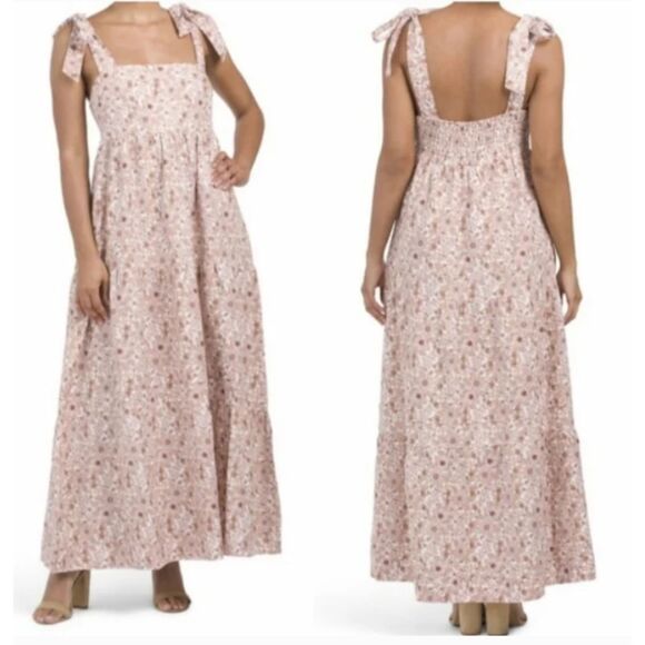 House of Harlow 1960 Floral Tie Strap Linen Blend Tiered Boho Maxi Dress Sz L - Picture 1 of 10